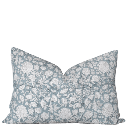 Chloe Floral Block Printed Pillow Cover | Blue | Lumbar