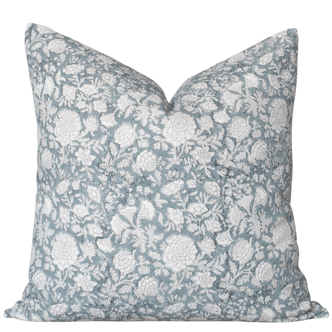 Chloe Floral Block Printed Pillow Cover | Blue