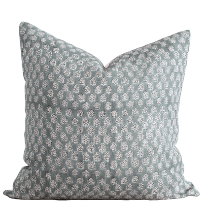 Luna Floral Block Printed Pillow Cover | Blue/Teal Green