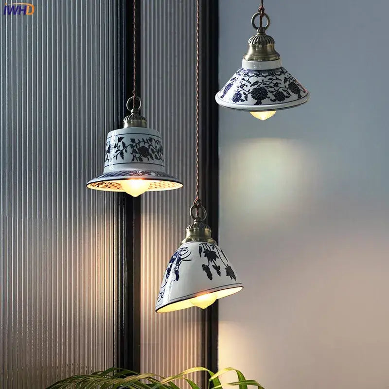 Blue floral ceramic led pendant lamp dining room lighting