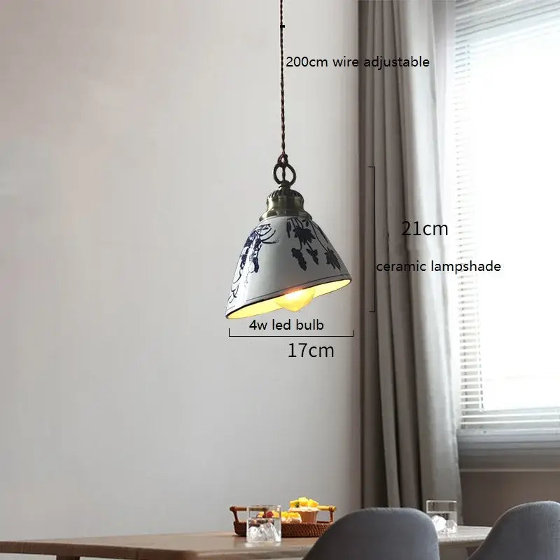 Blue floral ceramic led pendant lamp dining room lighting