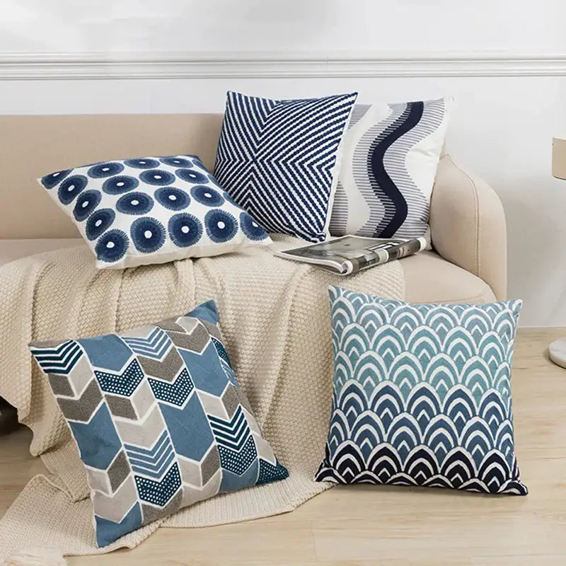 Blue floral geometric cushion cover set of 5 living room pillows