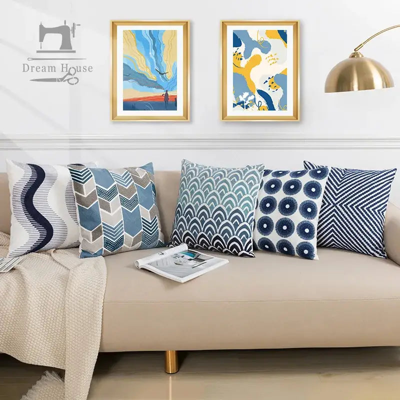 Blue floral geometric cushion cover set of 5 living room pillows