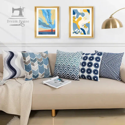 Blue floral geometric cushion cover set of 5 living room pillows