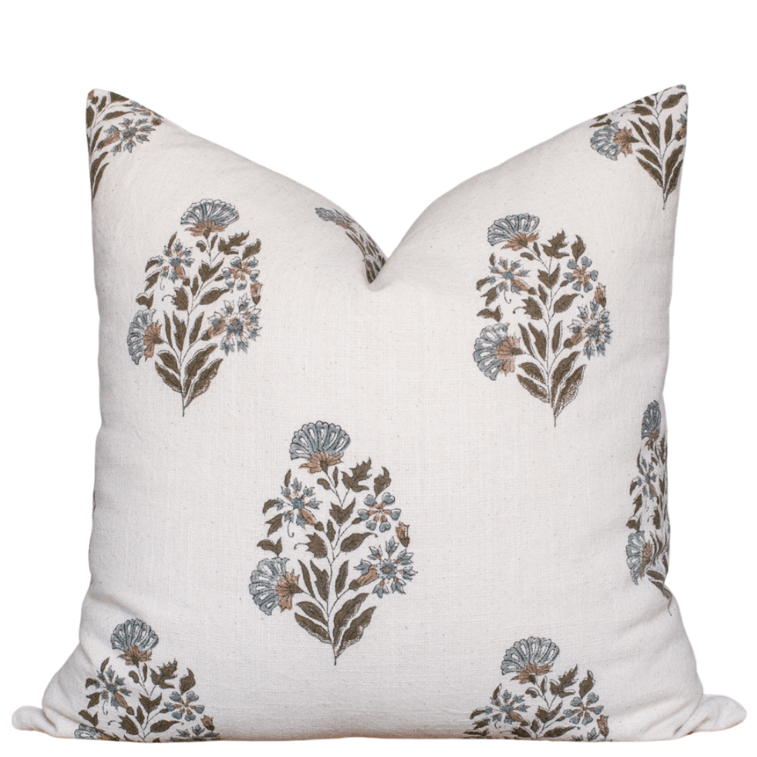Briar Floral Block Printed Pillow Cover | Blue, Brown, Green