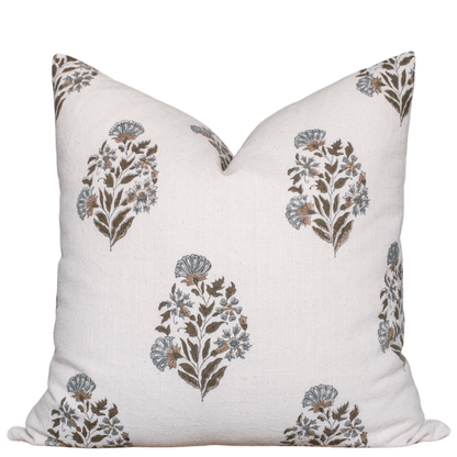 Briar Floral Block Printed Pillow Cover | Blue, Brown, Green