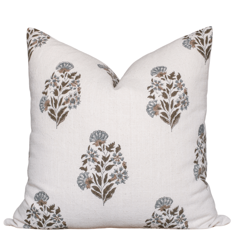 Briar Floral Block Printed Pillow Cover | Blue, Brown, Green