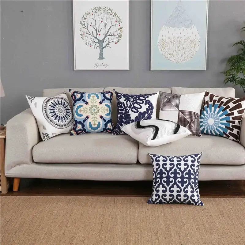 Blue floral mandala cotton pillow cover living room decor