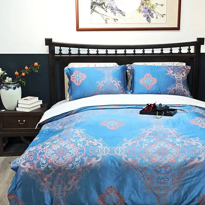 Blue floral satin jacquard duvet cover set bedroom bedding
