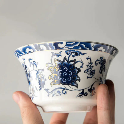 Blue floral white porcelain tea cup set for dining room