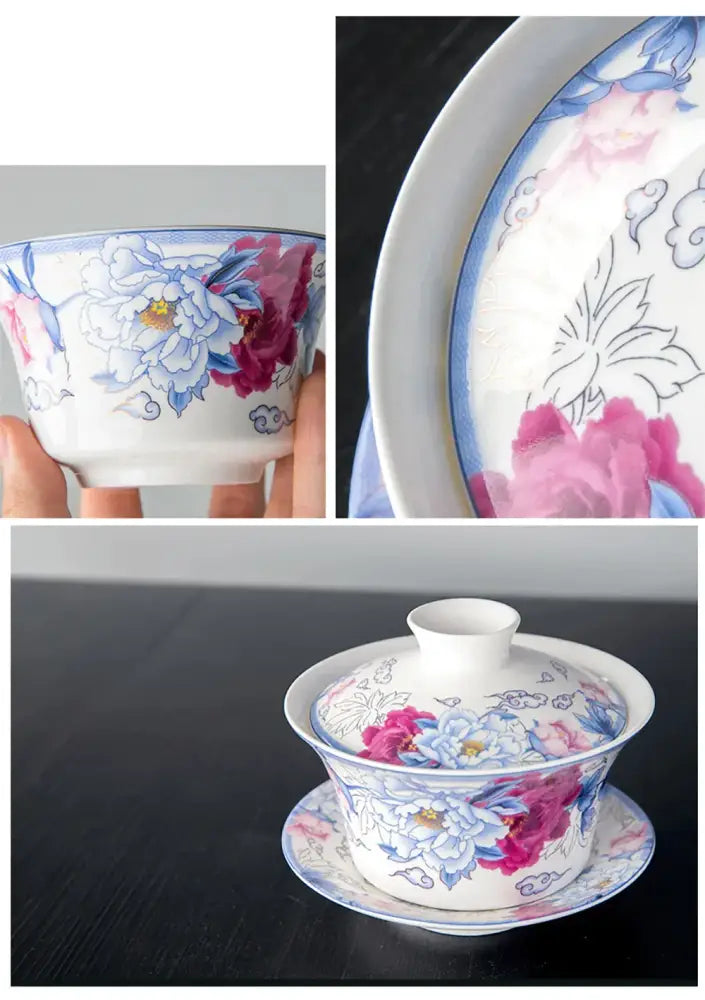 Blue floral white porcelain tea cup set for dining room