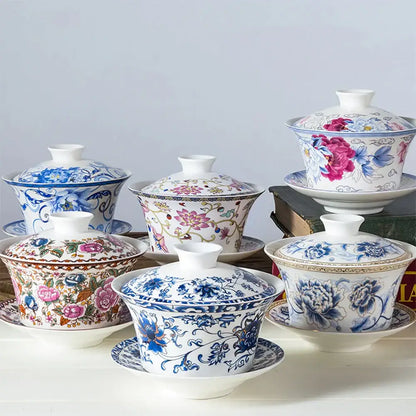 Blue floral white porcelain tea cup set for dining room