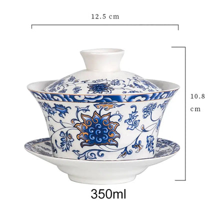 Blue floral white porcelain tea cup set for dining room