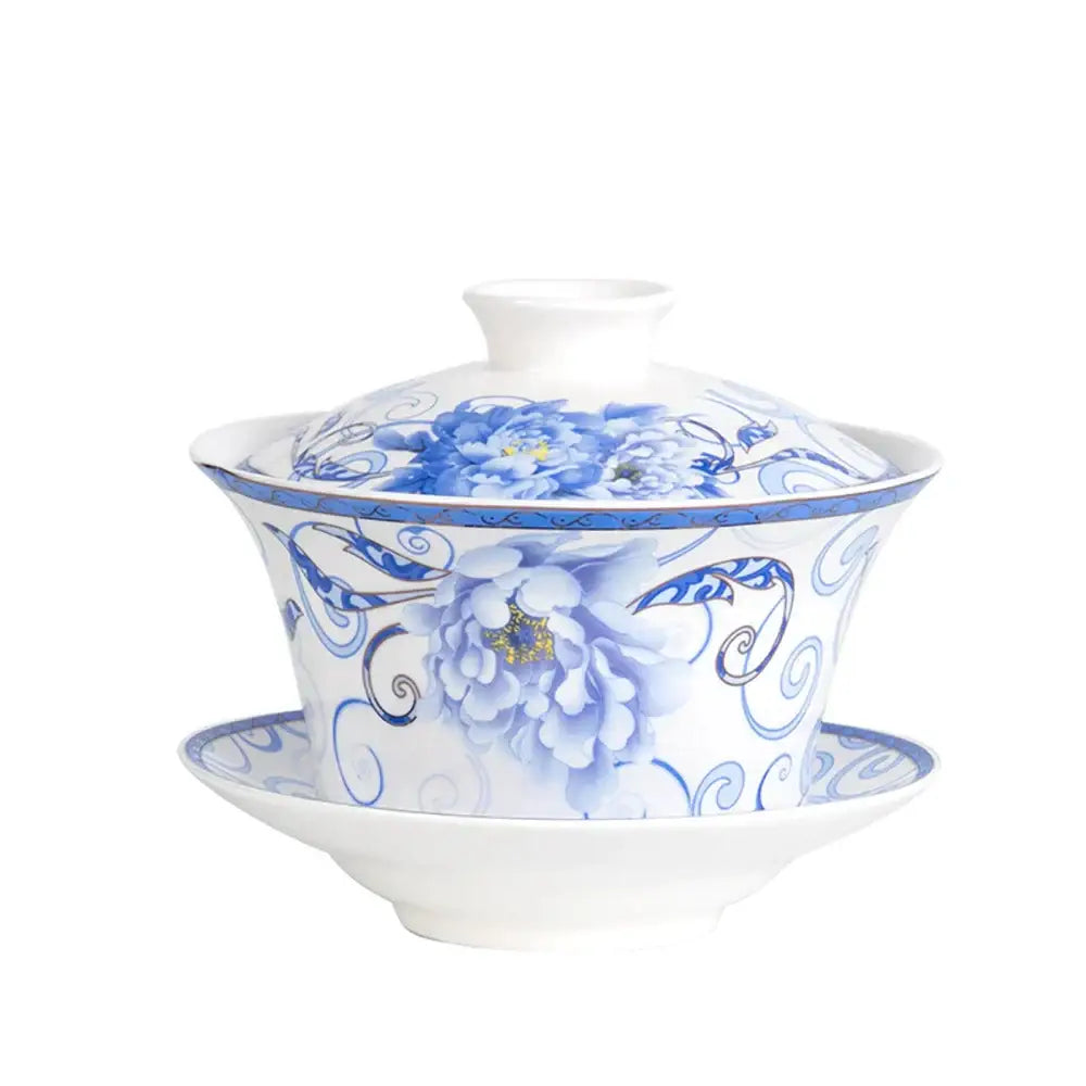Blue floral white porcelain tea cup set for dining room
