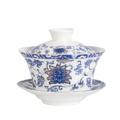 Blue floral white porcelain tea cup set for dining room