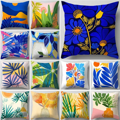 Blue flower leaves pattern cushion cover living room throw pillow