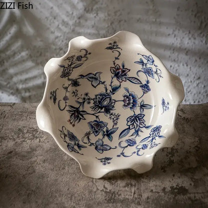 Blue flower pattern footed ceramic fruit bowl dining room gold base
