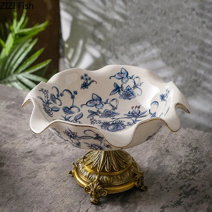 Blue flower pattern footed ceramic fruit bowl dining room gold base