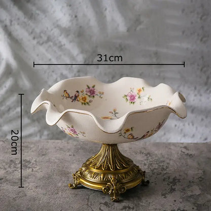 Blue flower pattern footed ceramic fruit bowl dining room gold base