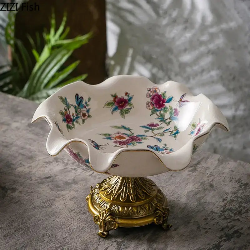 Blue flower pattern footed ceramic fruit bowl dining room gold base