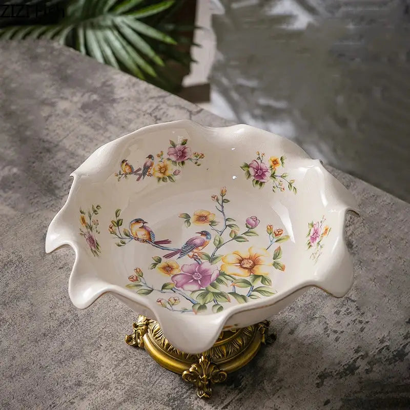 Blue flower pattern footed ceramic fruit bowl dining room gold base