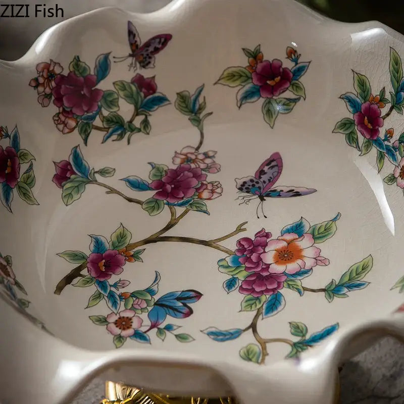 Blue flower pattern footed ceramic fruit bowl dining room gold base