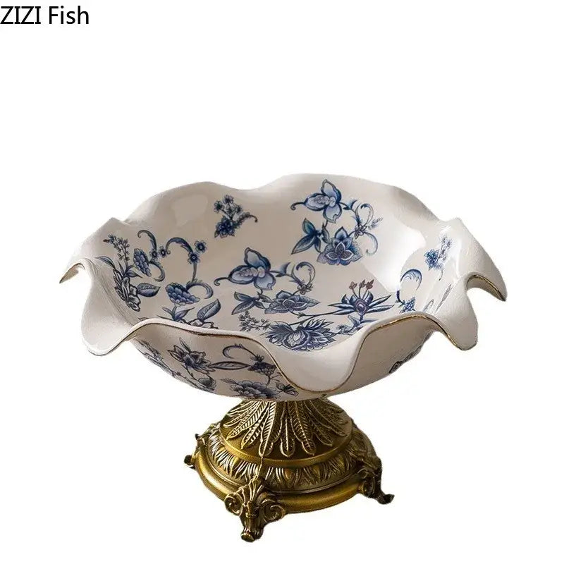 Blue flower pattern footed ceramic fruit bowl dining room gold base