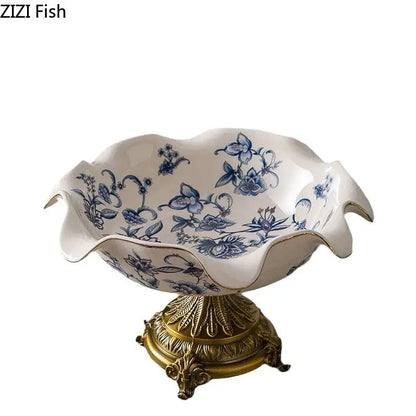 Blue flower pattern footed ceramic fruit bowl dining room gold base