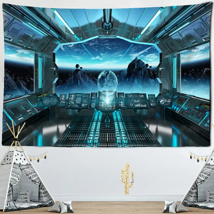Blue futuristic galaxy alien planet ufo cockpit tapestry bedroom decor