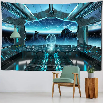 Blue futuristic galaxy alien planet ufo cockpit tapestry bedroom decor