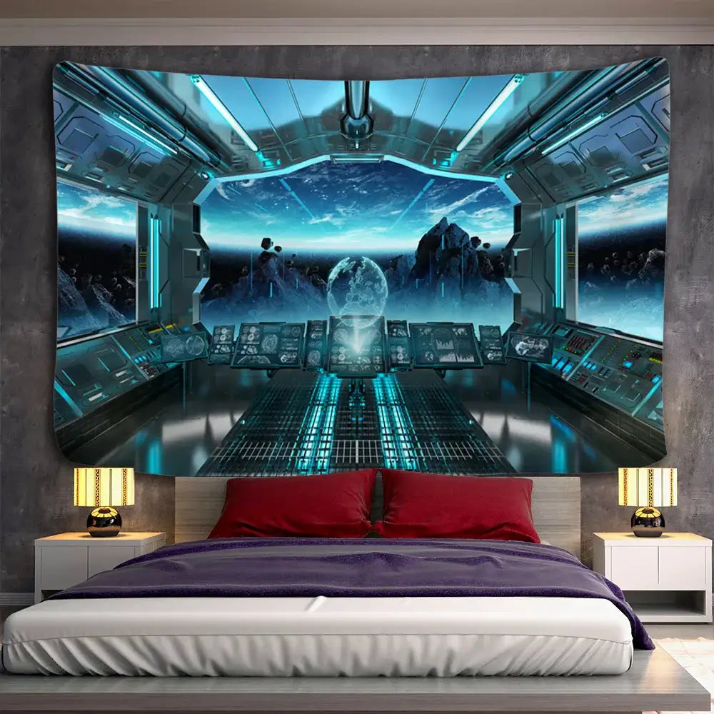 Blue futuristic galaxy alien planet ufo cockpit tapestry bedroom decor