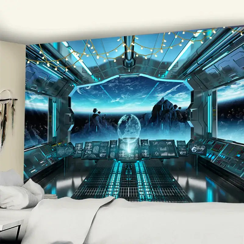 Blue futuristic galaxy alien planet ufo cockpit tapestry bedroom decor