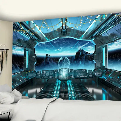 Blue futuristic galaxy alien planet ufo cockpit tapestry bedroom decor