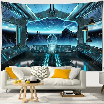 Blue futuristic galaxy alien planet ufo cockpit tapestry bedroom decor