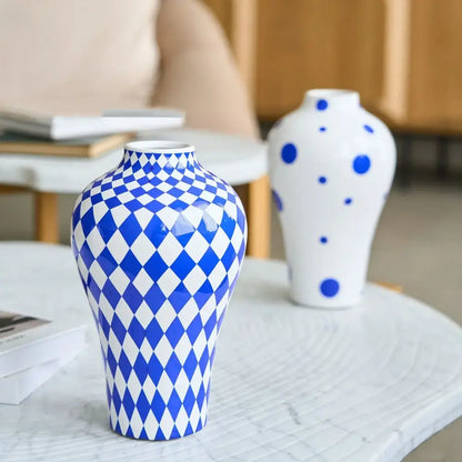Blue geometric quilted ceramic vase set living room decor
