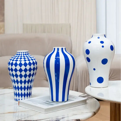 Blue geometric quilted ceramic vase set living room decor