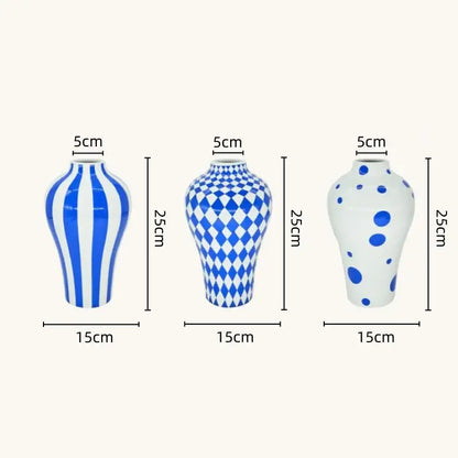 Blue geometric quilted ceramic vase set living room decor