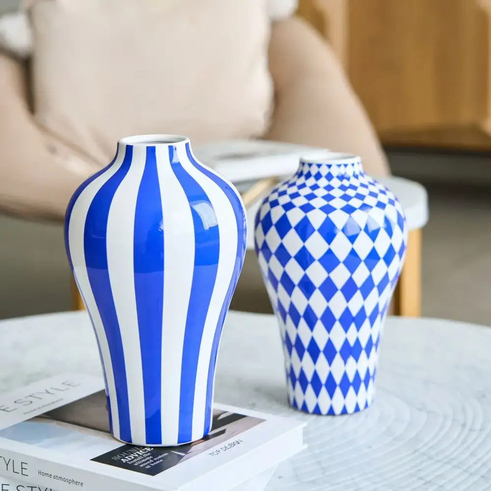 Blue geometric quilted ceramic vase set living room decor