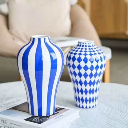 Blue geometric quilted ceramic vase set living room decor
