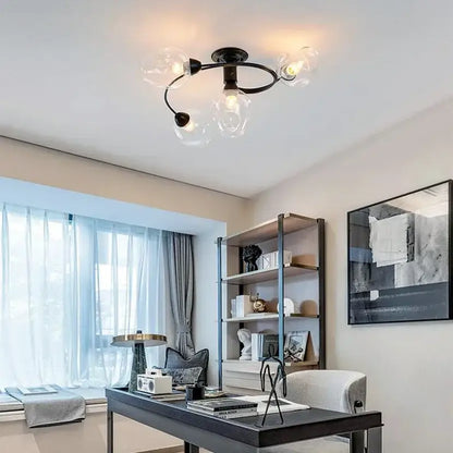 Blue glass ball led chandelier with brass finish for dining room