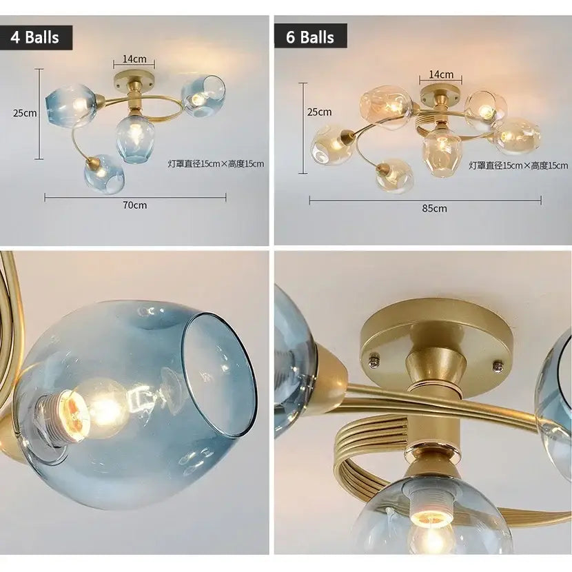 Blue glass ball led chandelier with brass finish for dining room