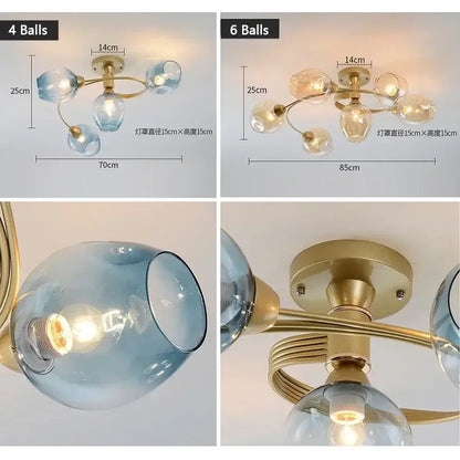 Blue glass ball led chandelier with brass finish for dining room