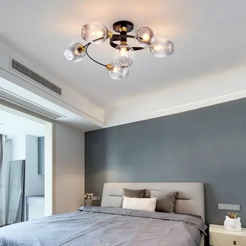 Blue glass ball led chandelier with brass finish for dining room