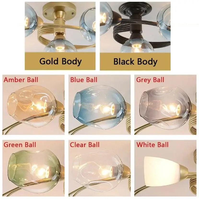 Blue glass ball led chandelier with brass finish for dining room