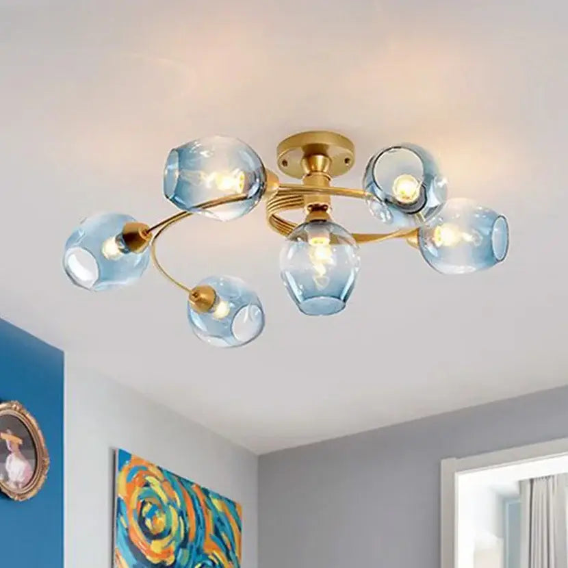 Blue glass ball led chandelier with brass finish for dining room