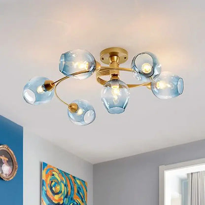 Blue glass ball led chandelier with brass finish for dining room