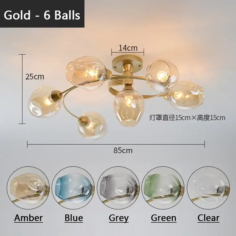 Blue glass ball led chandelier with brass finish for dining room