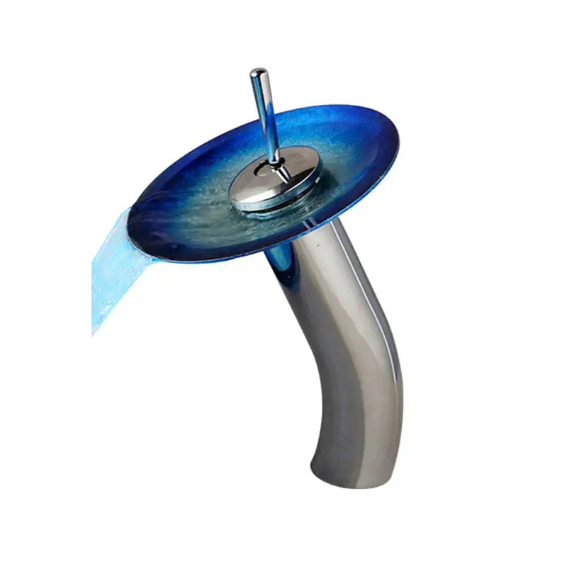 Blue glass bathroom sink with rocker handle faucet chrome finish