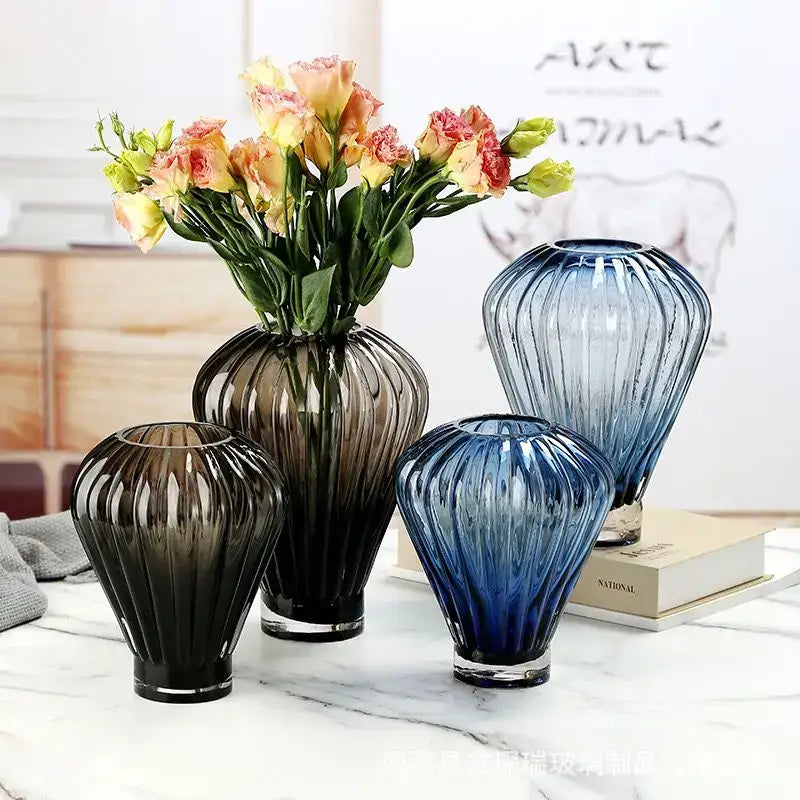 Blue glass hot air balloon vase set living room ribbed decor