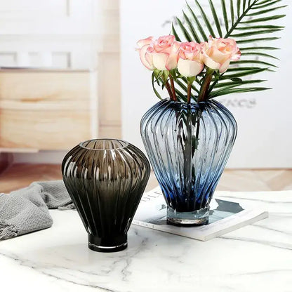 Blue glass hot air balloon vase set living room ribbed decor